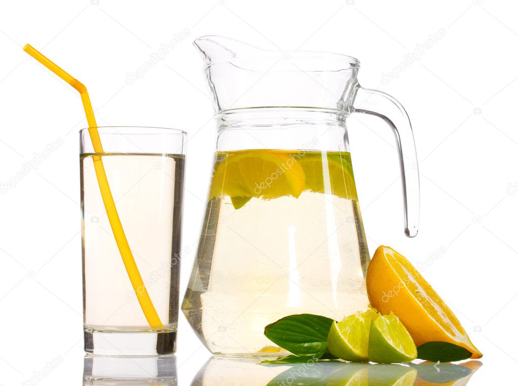 Pitcher and glass of lemonade and lemon isolated on white