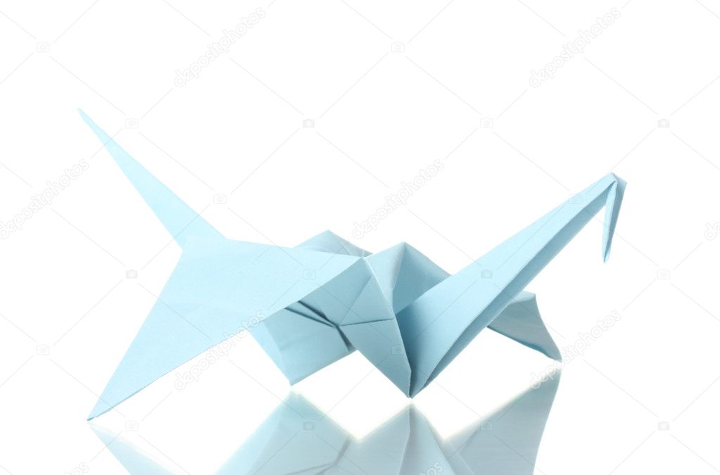 Origami Kranich Aus Heiterem Papier Isoliert Auf Weiss