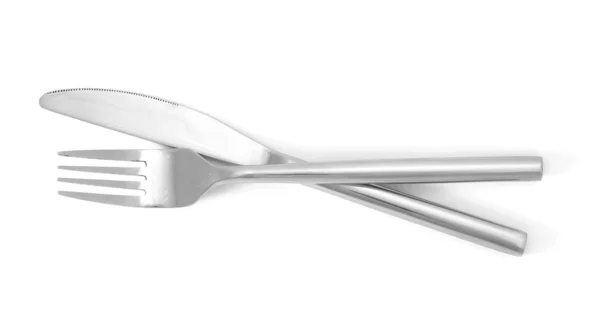 Fourchette et couteau en argent isolés sur blanc — Photo