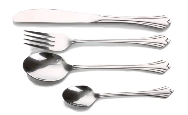 Stříbrná vidlička a lžíce, nůž, izolované na bílém — Stock fotografie
