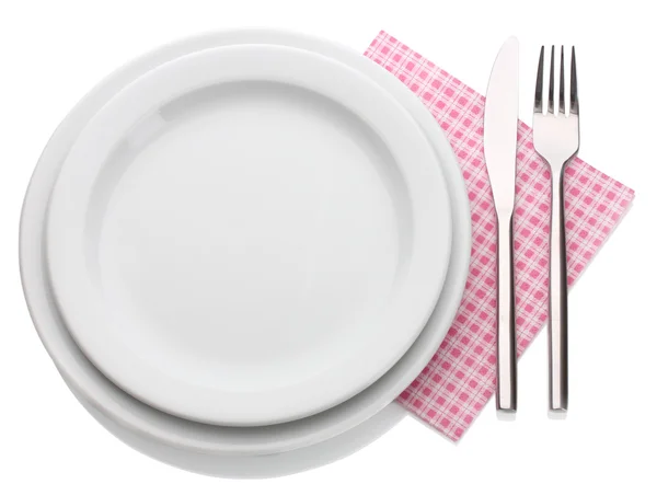 Placa vacía blanca con tenedor y cuchillo aislados en blanco — Foto de Stock