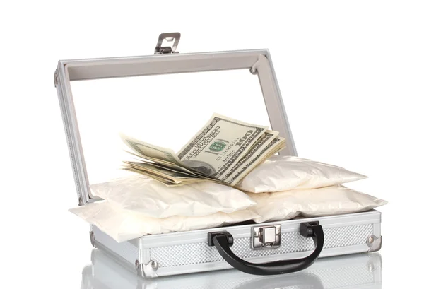 Cocaina con soldi in una valigia isolata su bianco — Foto Stock