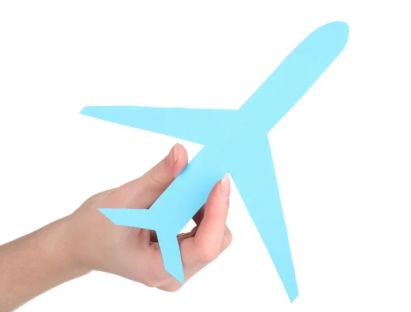Papieren vliegtuigje in hand geïsoleerd op wit — Stockfoto