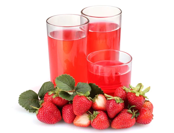 Fresh strawberry and juice glasses isolated on white — Stock Photo, Image