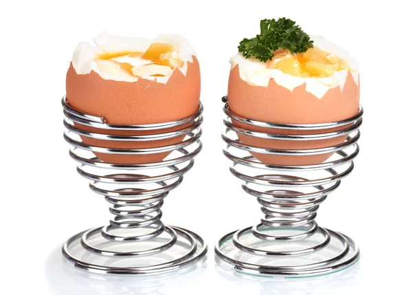 Gekochte Eier in Metallständern und Petersilie isoliert auf weiß — Stockfoto