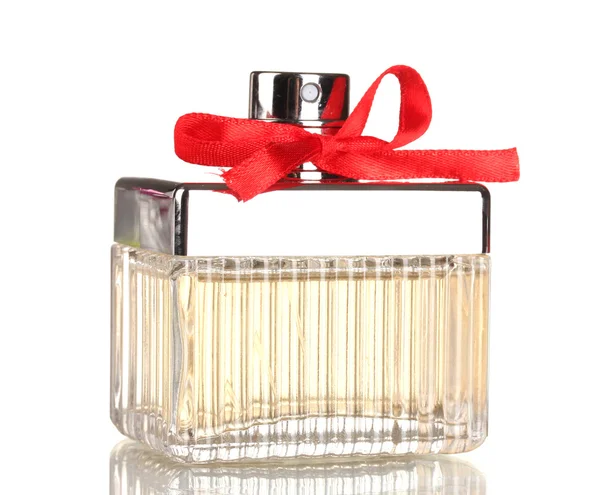 Parfémy láhev s červenou mašli izolovaných na bílém — Stock fotografie