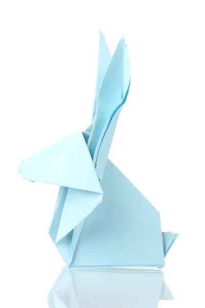 Królik origami z niebieskiego papieru na białym tle — Zdjęcie stockowe