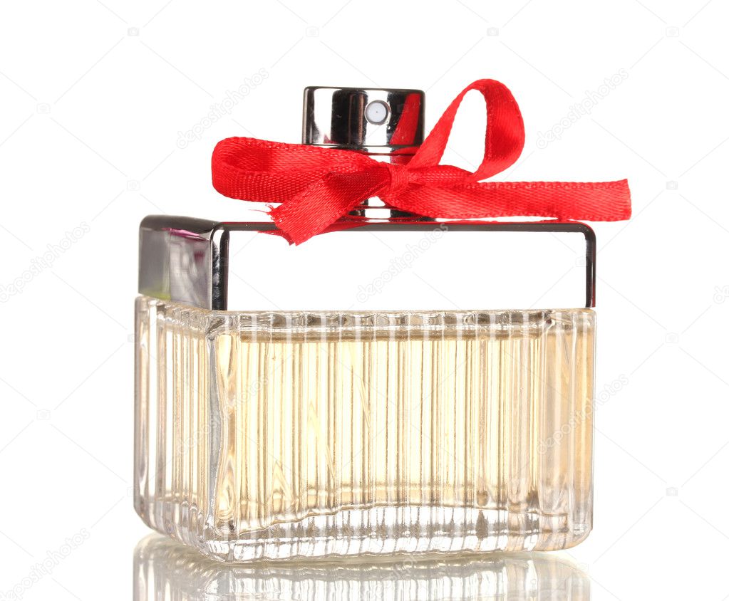 Perfume bottle with red bow isolated on white Stock Photo by