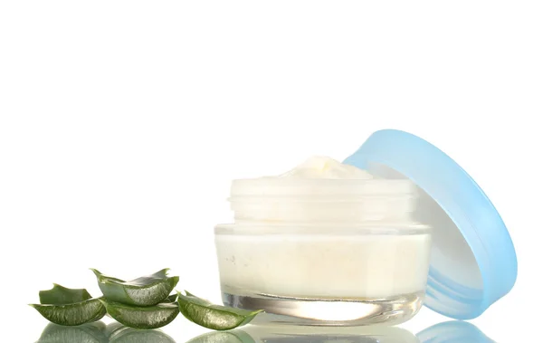 Opened glass jar of cream and aloe isolated on white — Stock Photo, Image