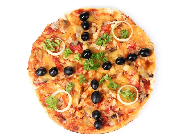 Sabrosa pizza con verduras y carne aislada en blanco —  Fotos de Stock