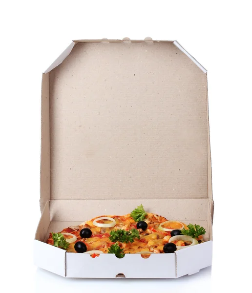 पैकेज में स्वादिष्ट पिज्जा सफेद पर अलग — स्टॉक फ़ोटो, इमेज