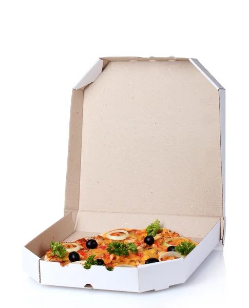 Νόστιμο πίτσα στο πακέτο που απομονώνονται σε λευκό — Φωτογραφία Αρχείου