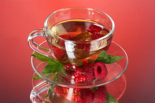 Grüntee in transparenter Tasse mit Minze und Beere auf rotem Hintergrund — Stockfoto