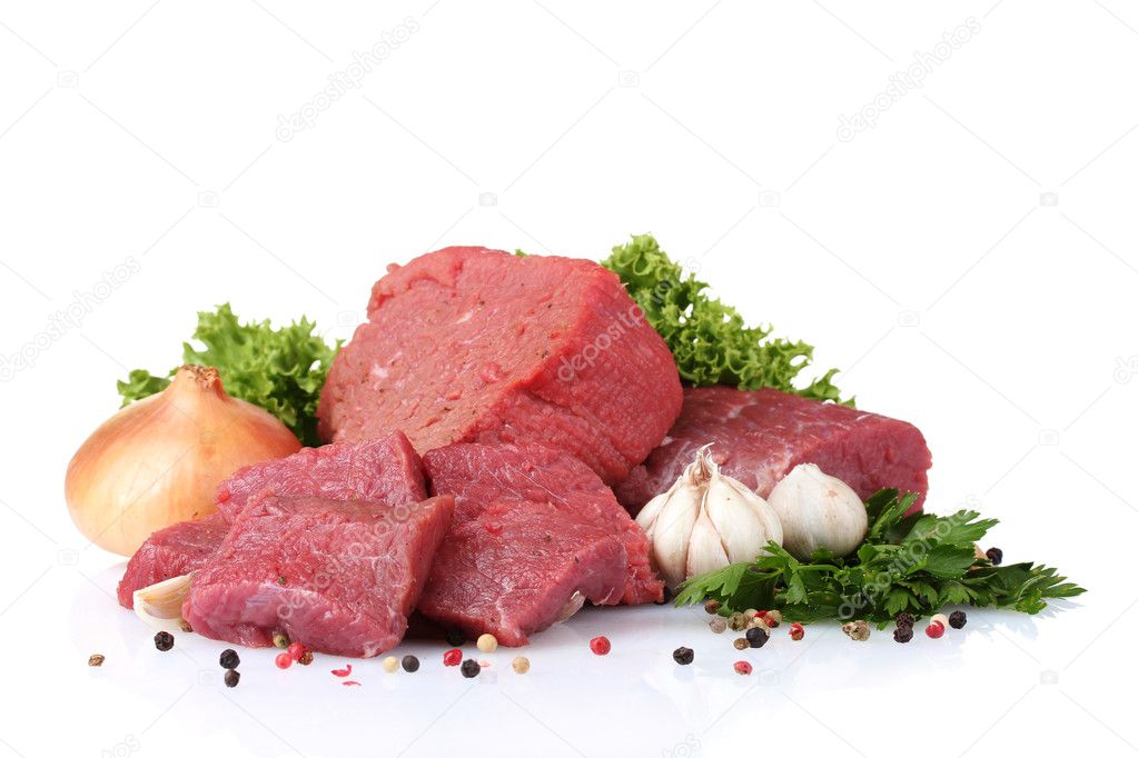 Raw meat, vegetables and spices isolated on white