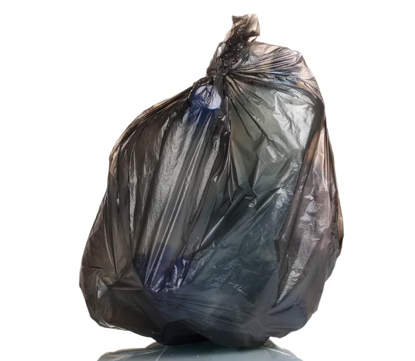 Black garbage bag with trash isolated on white — Stock Photo, Image
