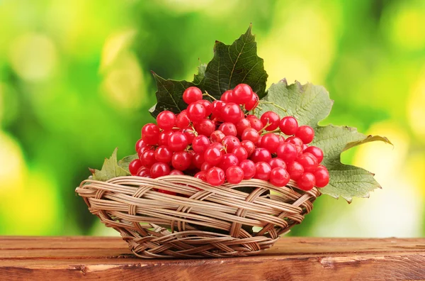 Bagas vermelhas de viburnum na cesta na mesa de madeira no fundo verde — Fotografia de Stock
