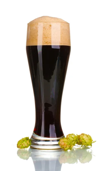 Tmavé pivo sklo a zelené hop izolovaných na bílém — Stock fotografie