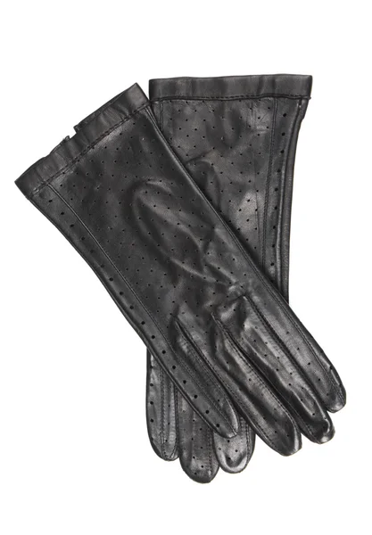 Όμορφα μαύρα δερμάτινα γυναικεία γάντια απομονωθεί σε λευκό — Φωτογραφία Αρχείου
