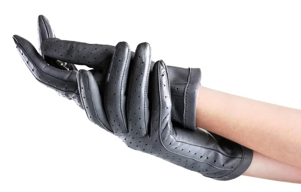 Manos de mujer en guantes de cuero gris aislados en blanco —  Fotos de Stock