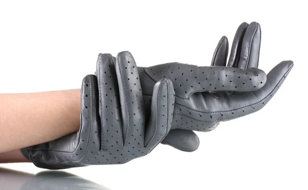 Dámské ruce v šedé kožené rukavice izolované na bílém — Stock fotografie