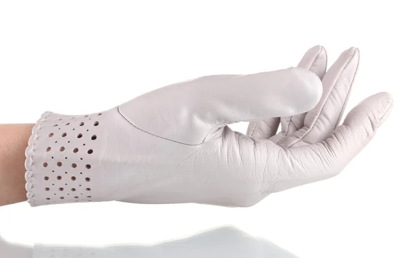 Gri deri eldiven üzerinde beyaz izole kadın elinde — Stok fotoğraf