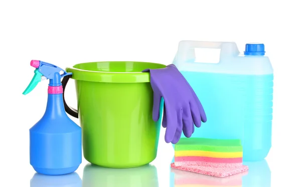 stock image Canister, detergent bottles with liquid and bucket isolated on white