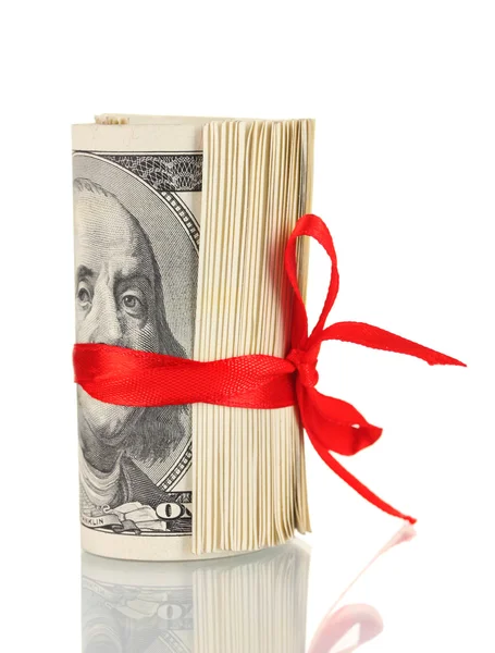 Många hundra dollar räkningar bundna röda bandet isolerad på vit — Stockfoto