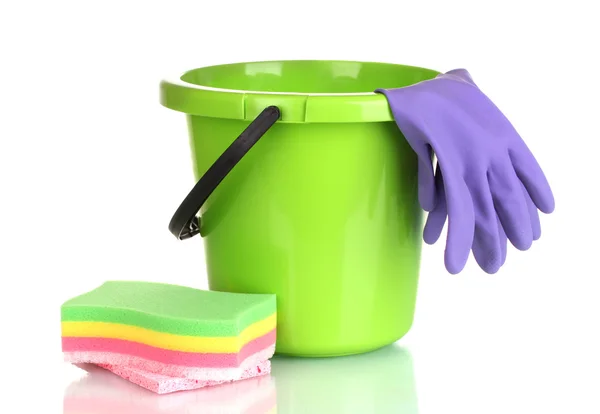 Bucket, gloves and sponge for cleaning isolated on white — Stock Photo, Image
