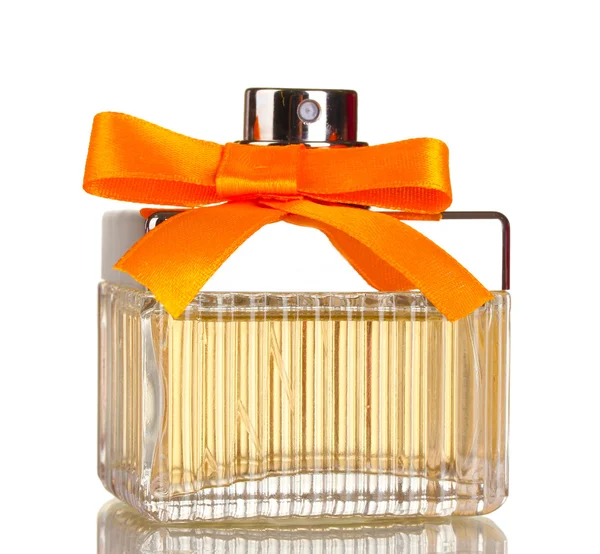 Perfume bottle with orange bow isolated on white — Stock Photo, Image