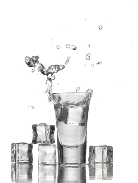 Üveg vodka és a jég elszigetelt fehér — Stock Fotó