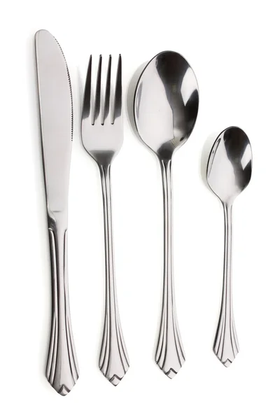 銀フォークとスプーン、白で隔離されるナイフ — ストック写真