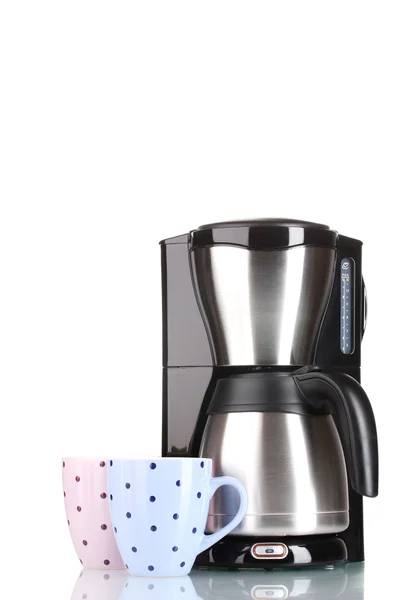 Máquina de café e copos brilhantes isolados em branco — Fotografia de Stock