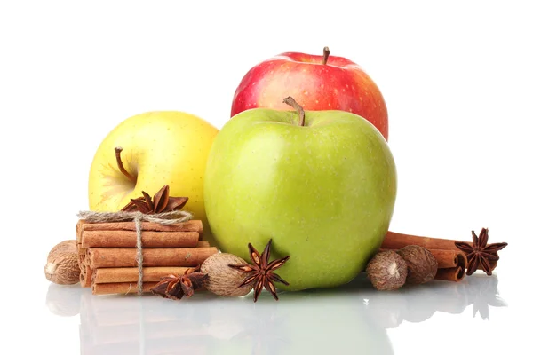 Laski cynamonu, jabłka, gałka muszkatołowa, anyż na białym tle — Zdjęcie stockowe