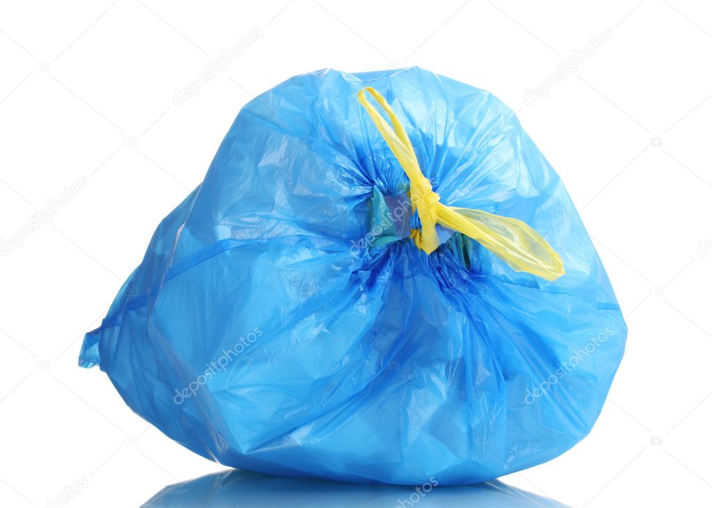 Blue garbage bag with trash isolated on white