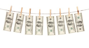 A lot of one hundred dollar bills is hanging on a rope clipart