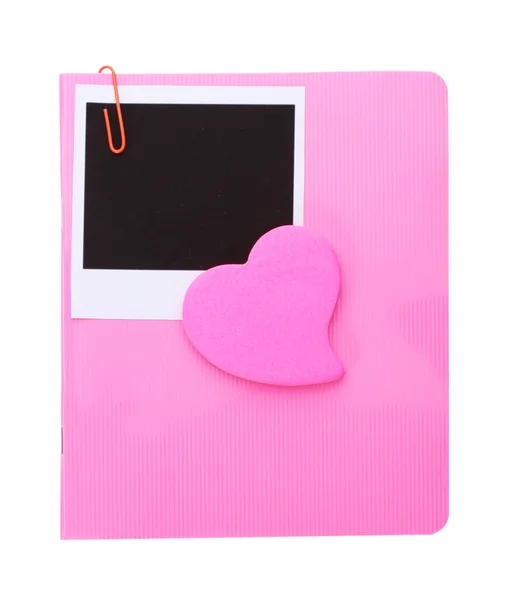 Fotopapier en roze notebook geïsoleerd op wit — Stockfoto