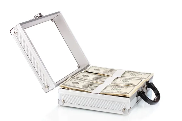 Un montón de billetes de cien dólares en un caso aislado en blanco — Foto de Stock