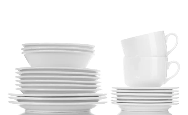 Empty bowls, plates and cups isolated on white — Stock Photo, Image