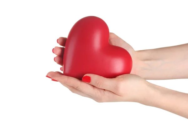 Red heart in womans hand isolated on white — Stock Photo, Image