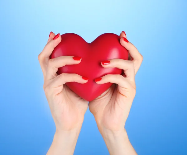 Красное сердце у женщин руки на синем фоне — стоковое фото