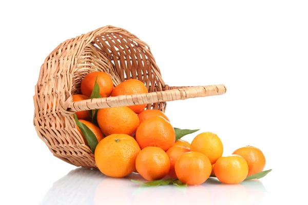 Tangerines with leaves in a beautiful basket isolated on white — Stock Photo, Image