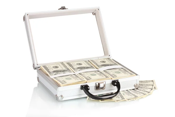 Muitas notas de cem dólares num caso isolado em branco. — Fotografia de Stock