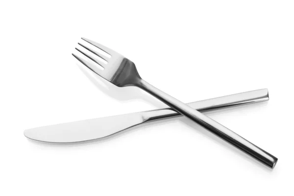 Forchetta e coltello argento isolato su bianco — Foto Stock