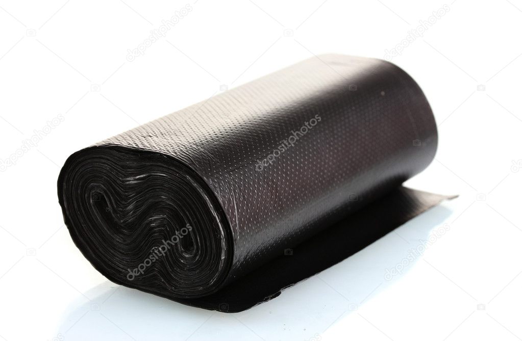 Roll of black garbage bags isolated on white