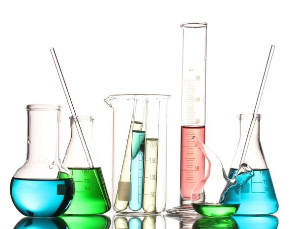 Different laboratory glassware with color liquid and with reflection isolat — Stock Photo, Image