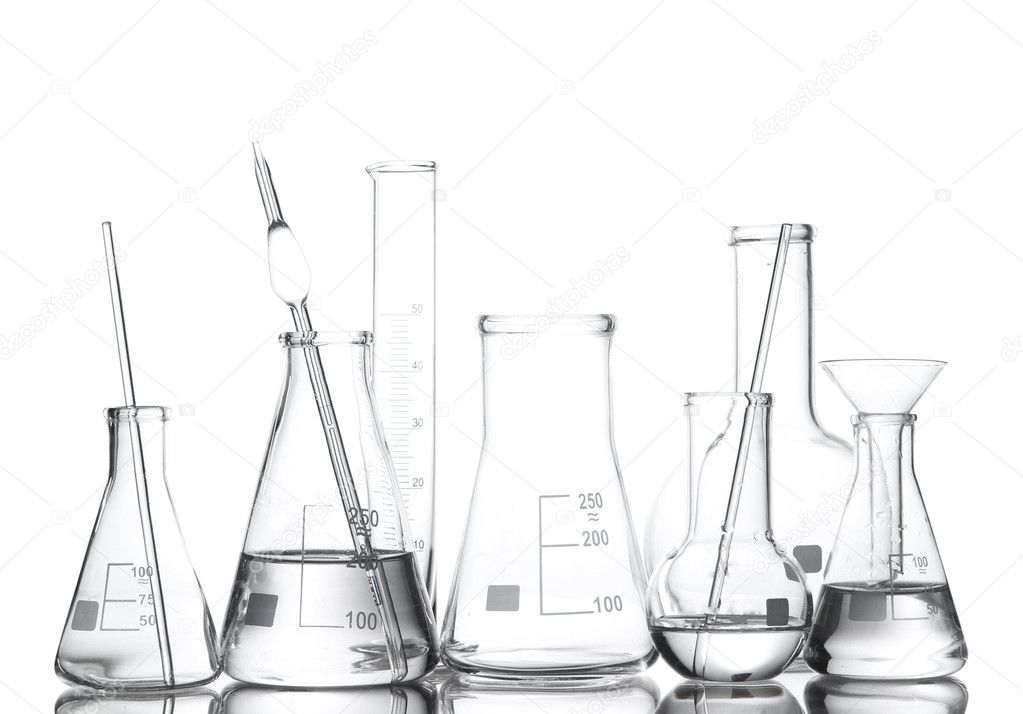Different laboratory glassware with water and empty with reflection