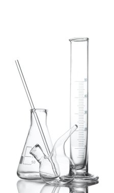 Three empty laboratory glassware with reflection isolated on white clipart