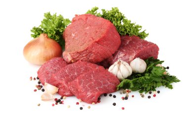 Raw meat, vegetables and spices isolated on white clipart