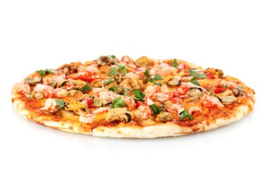 Delicious pizza with seafood isolated on white clipart