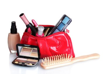 Beautiful red makeup bag and cosmetics isolated on white clipart